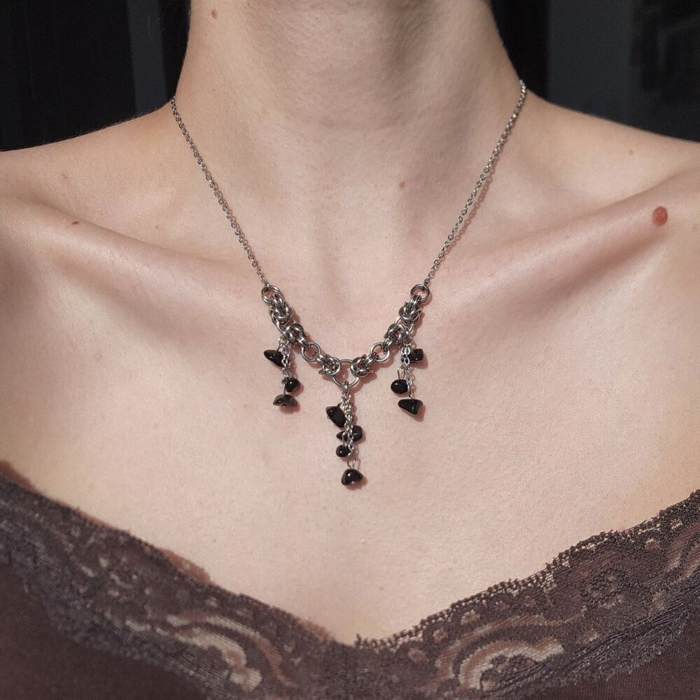 Gothic black crystal obsidian necklace with a small silver chain